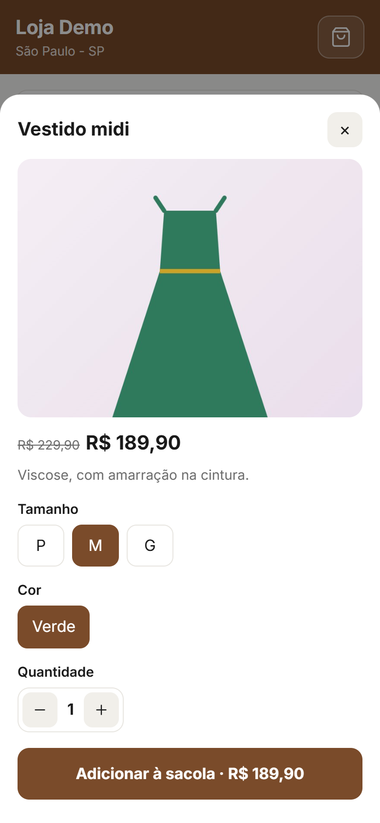 Escolha de tamanho e cor do produto