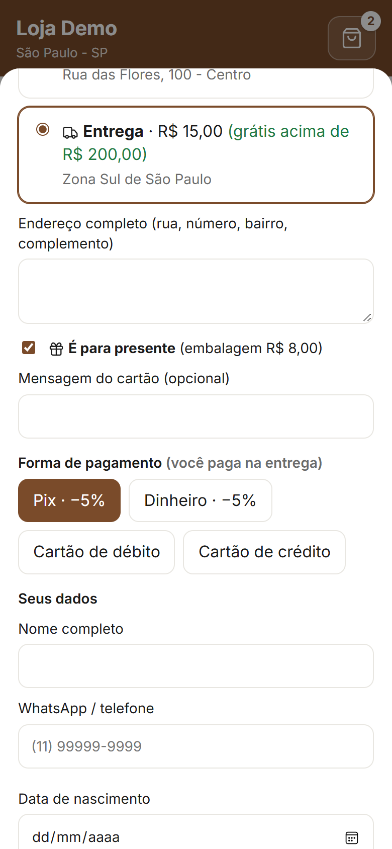 Sacola com entrega, presente e forma de pagamento