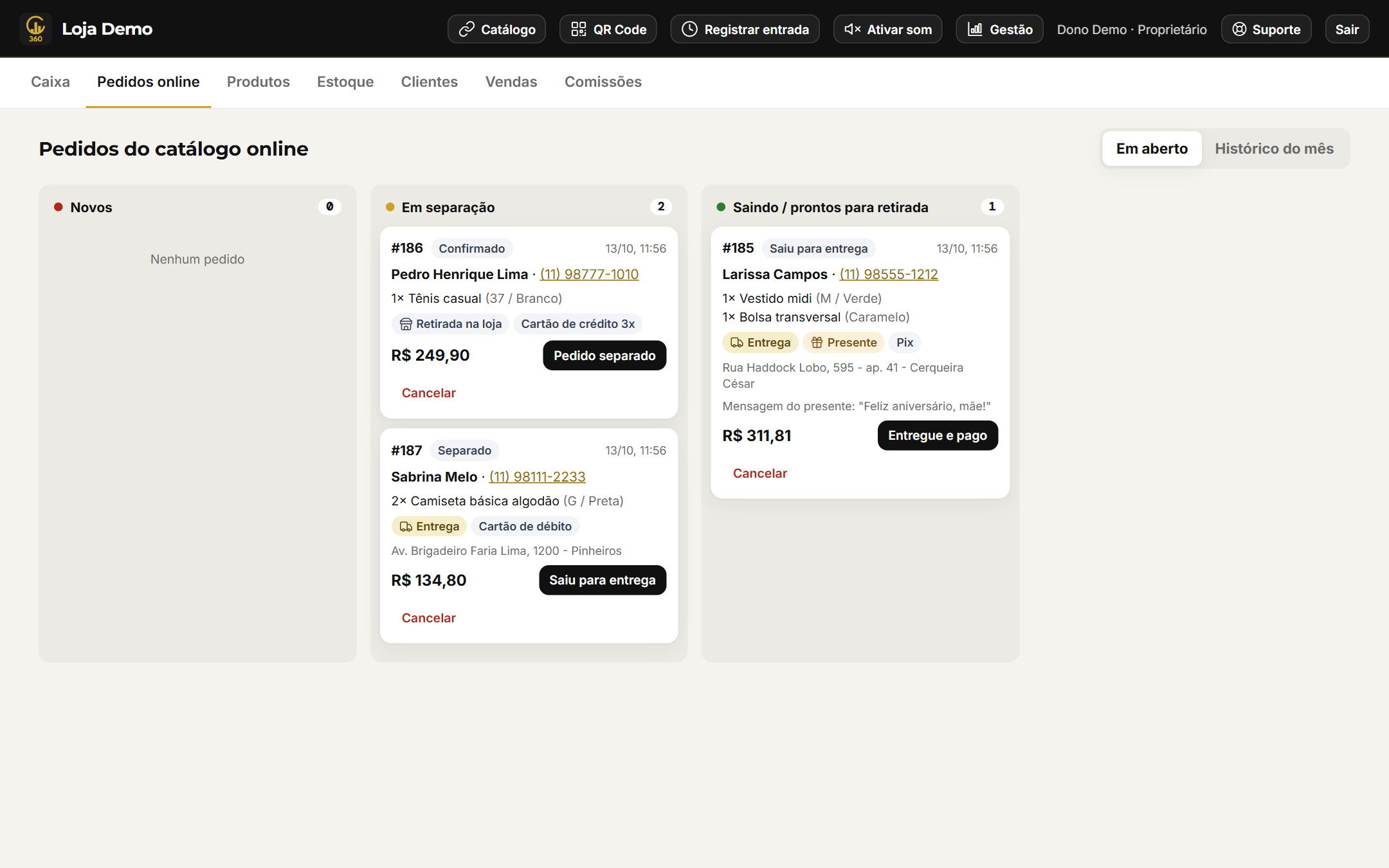 Pedidos online organizados por etapa